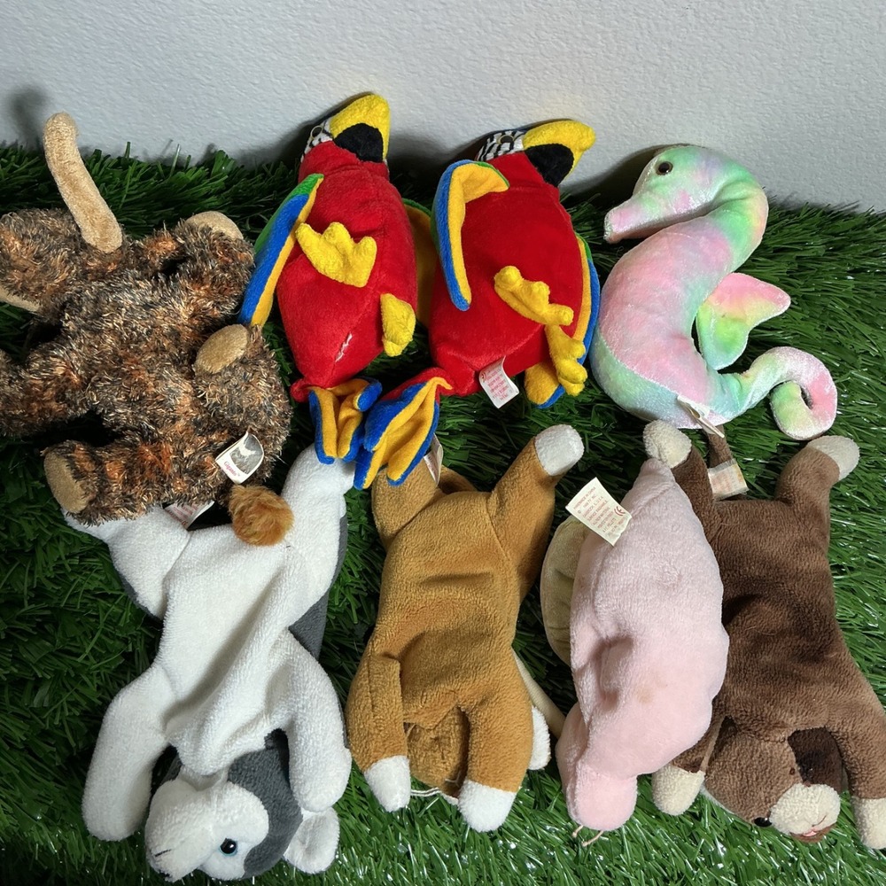 Ty Beanie Babies Plush Lot Unisex 8pc Vintage Animals Parrot Husky Cat Seahorse - Picture 2 of 6